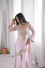 Subtle Pink Afsara Mirror Work Tissue Sharara Suit Set