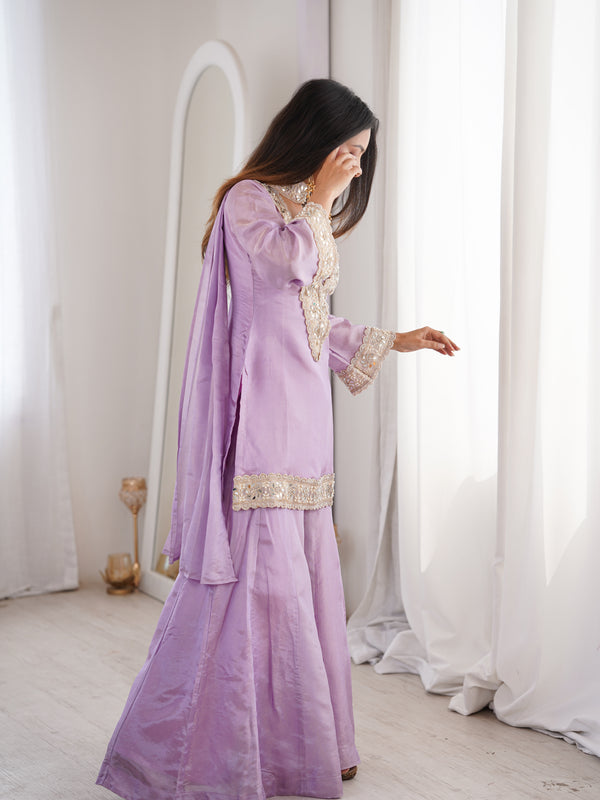 Orchid Lavender Afsara Mirror Work Tissue Sharara Suit Set