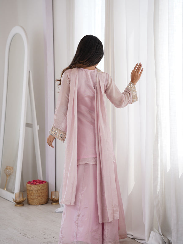 Subtle Pink Afsara Mirror Work Tissue Sharara Suit Set