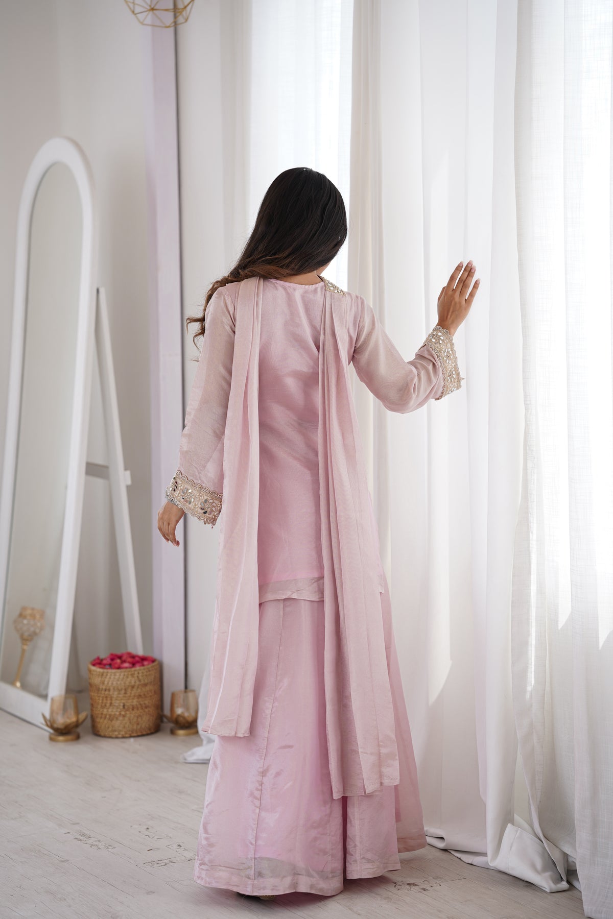 Subtle Pink Afsara Mirror Work Tissue Sharara Suit Set