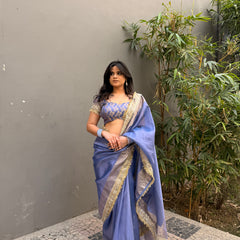 Lavender Blue Banarasi Riwaayat Tissue Silk Saree | Easy To Carry