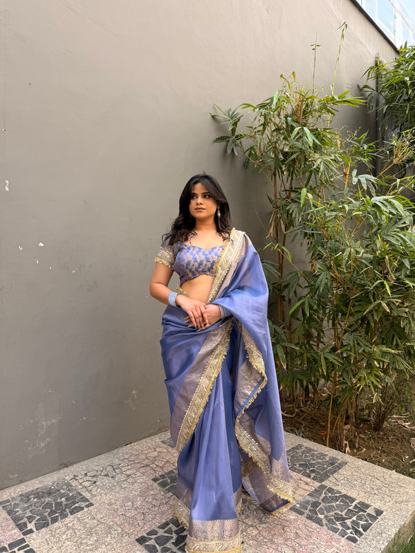Lavender Blue Banarasi Riwaayat Tissue Silk Saree | Easy To Carry