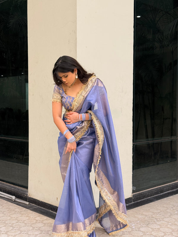 Lavender Blue Banarasi Riwaayat Tissue Silk Saree | Easy To Carry