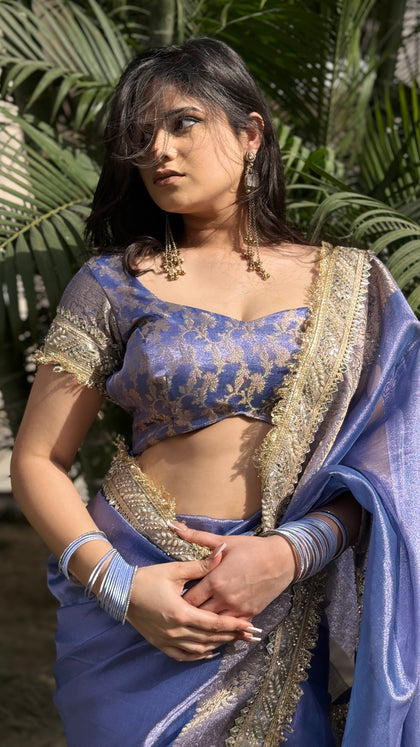 Lavender Blue Banarasi Riwaayat Tissue Silk Saree | Easy To Carry