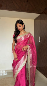Gulabi Pink Ghungroo Handcrafted Tissue Silk Saree