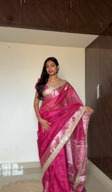 Gulabi Pink Ghungroo Handcrafted Tissue Silk Saree