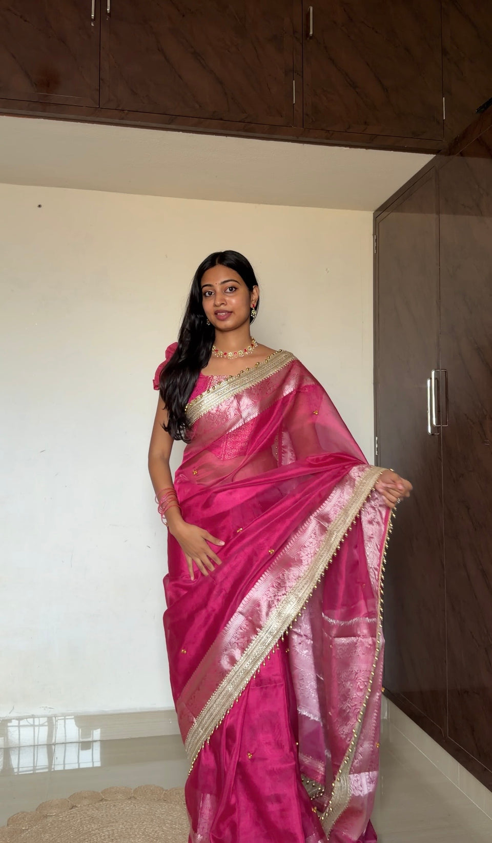 Gulabi Pink Ghungroo Handcrafted Tissue Silk Saree