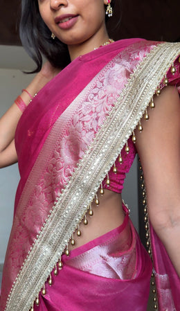 Gulabi Pink Ghungroo Handcrafted Tissue Silk Saree