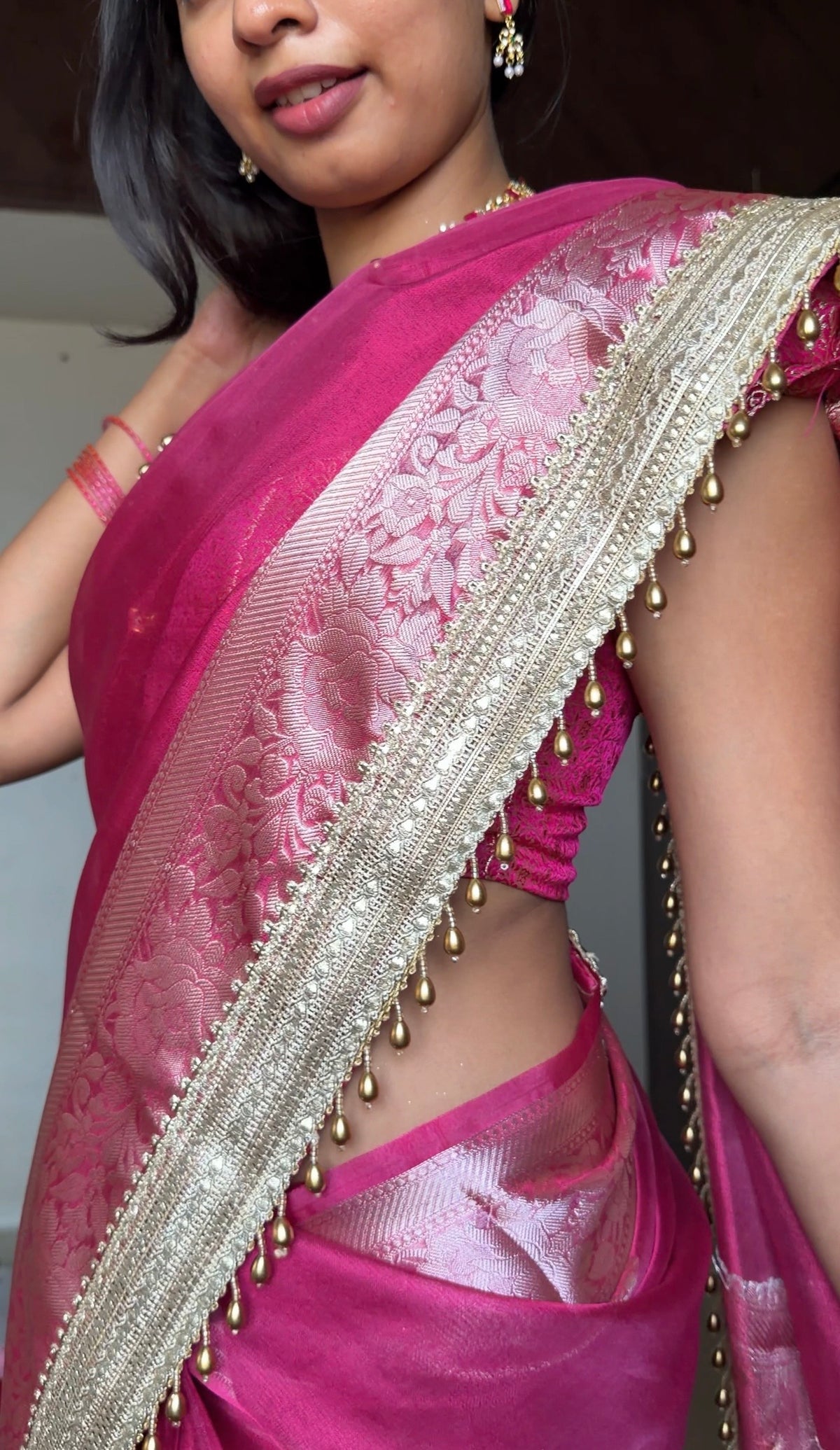 Gulabi Pink Ghungroo Handcrafted Tissue Silk Saree