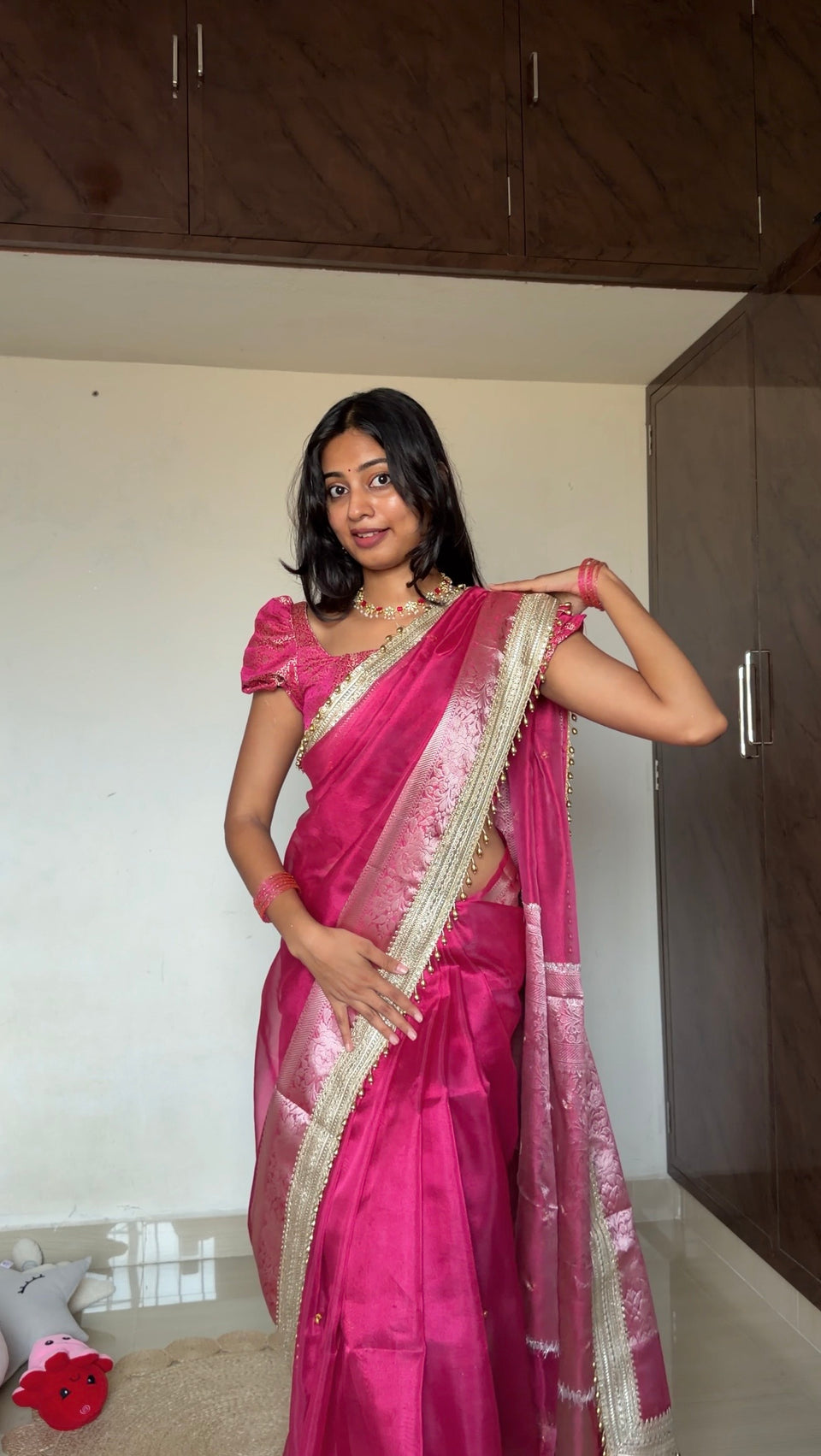 Gulabi Pink Ghungroo Handcrafted Tissue Silk Saree
