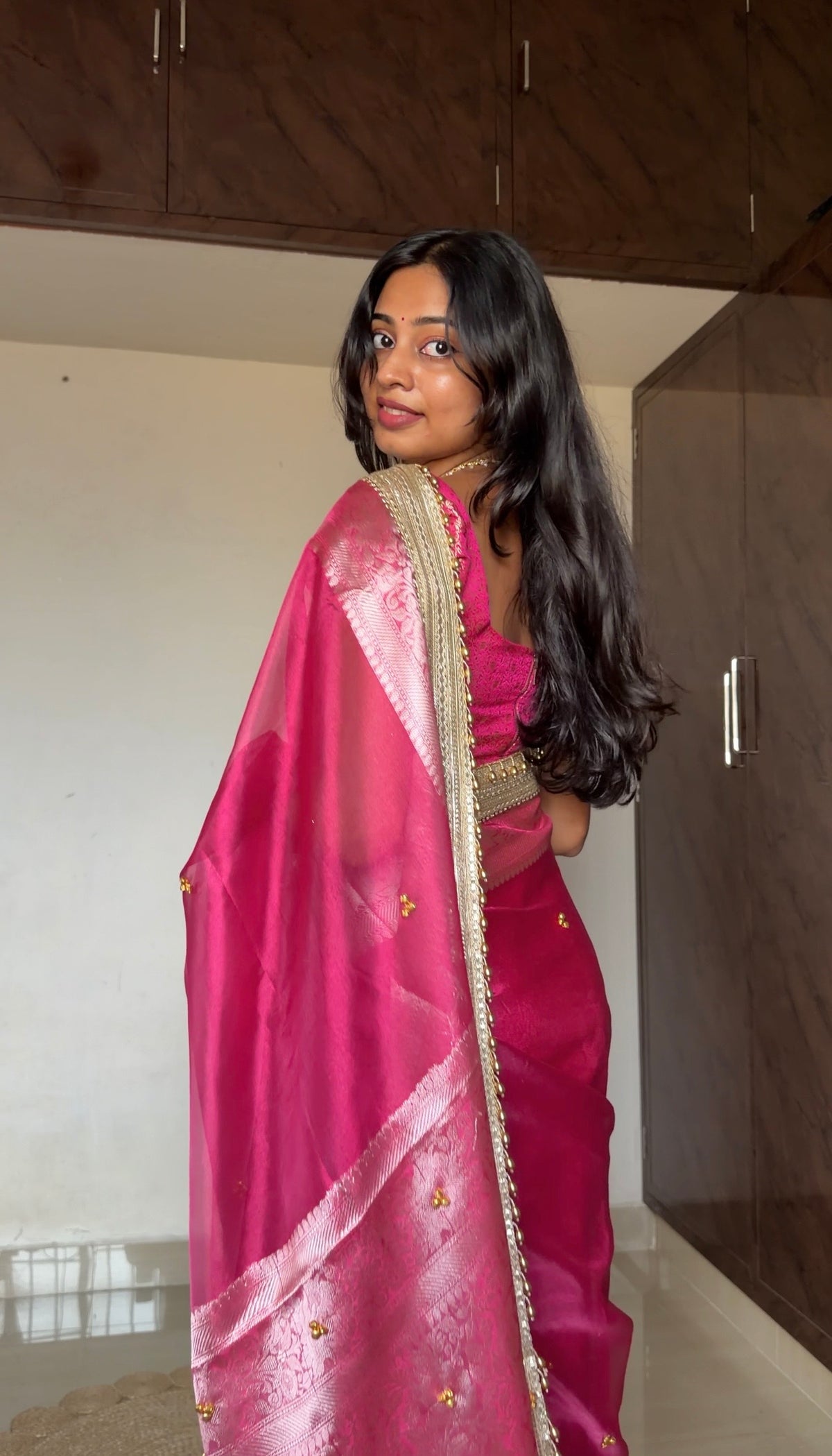 Gulabi Pink Ghungroo Handcrafted Tissue Silk Saree