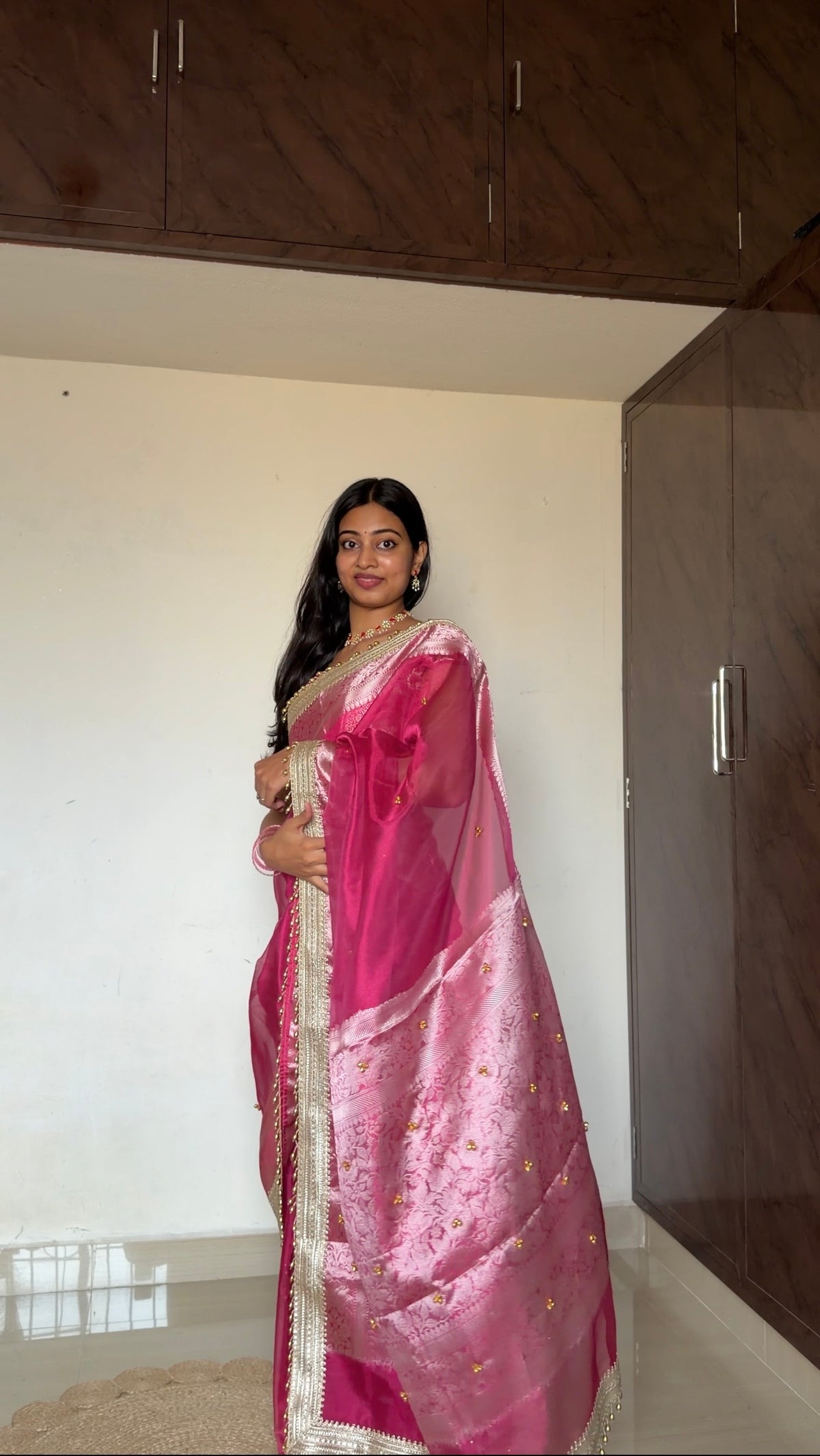 Gulabi Pink Ghungroo Handcrafted Tissue Silk Saree
