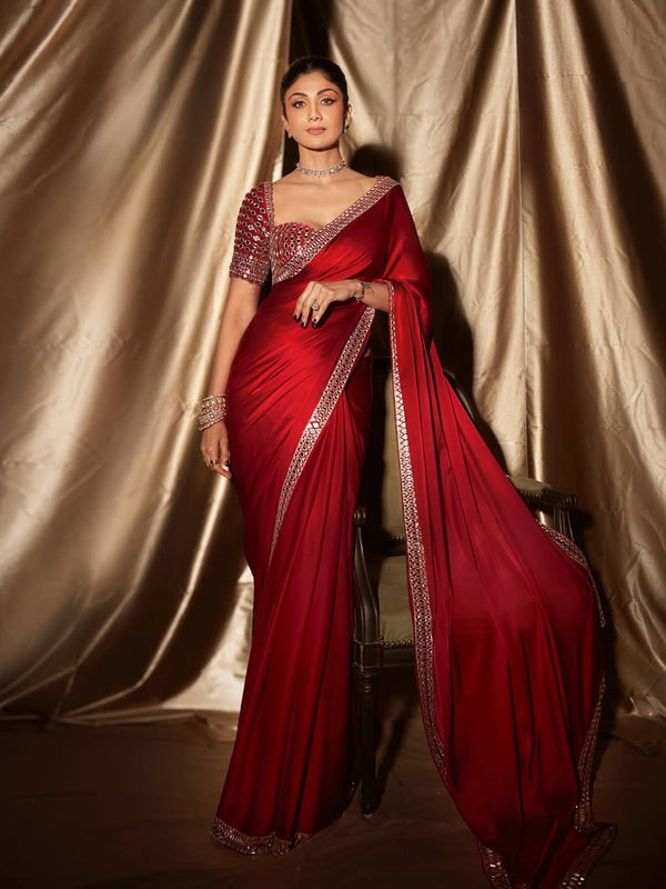 Shilpa Shetty Inspired Designer Mashru Satin Silk Mirror Work Saree with Blouse Free Size