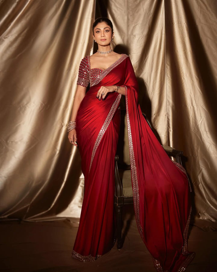 Shilpa Shetty Inspired Designer Mashru Satin Silk Mirror Work Saree with Blouse Free Size