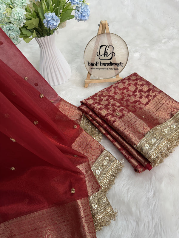 Bold Red Metallic Dana Moti Hand-work Saree