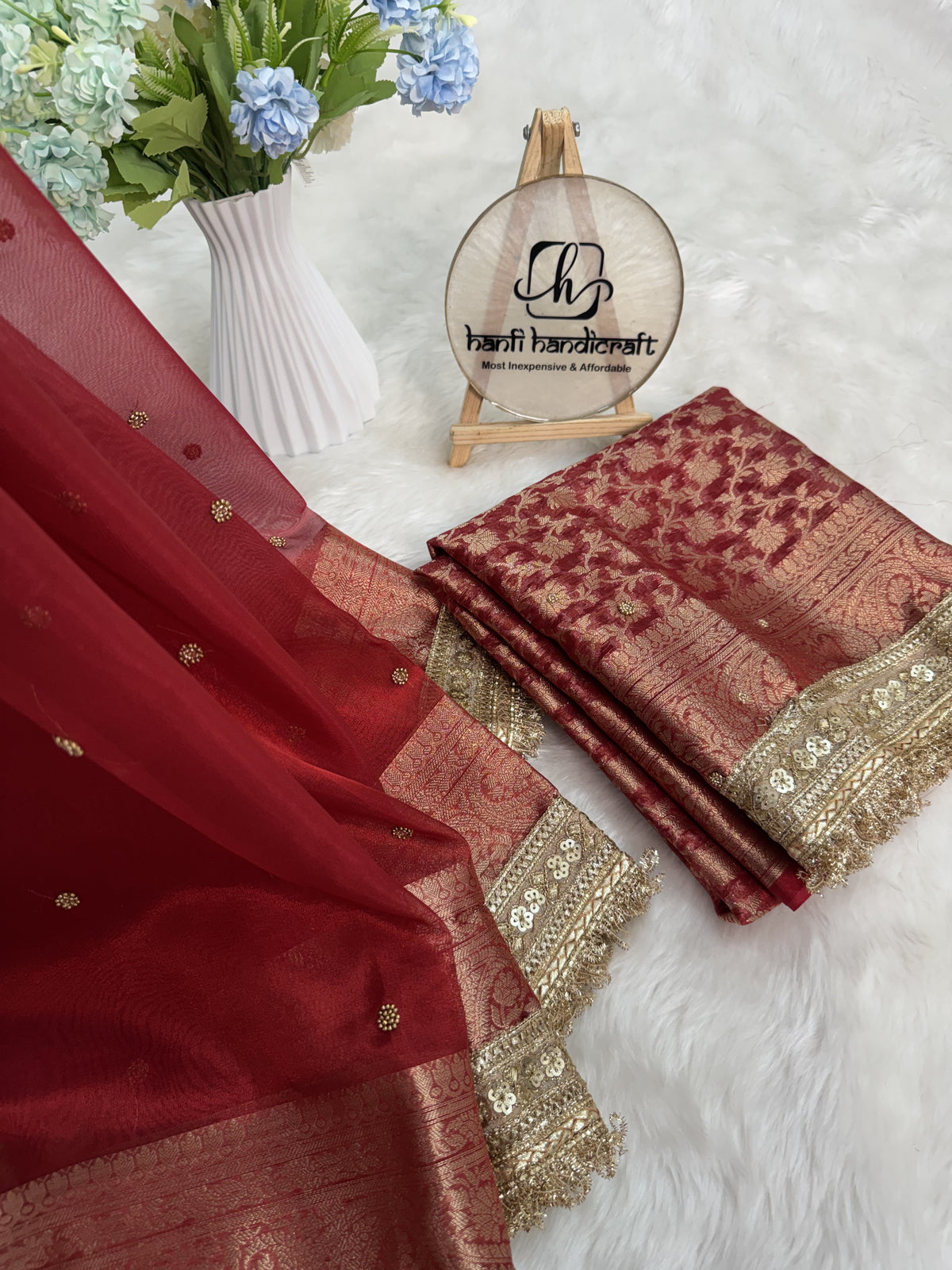Bold Red Metallic Dana Moti Hand-work Saree
