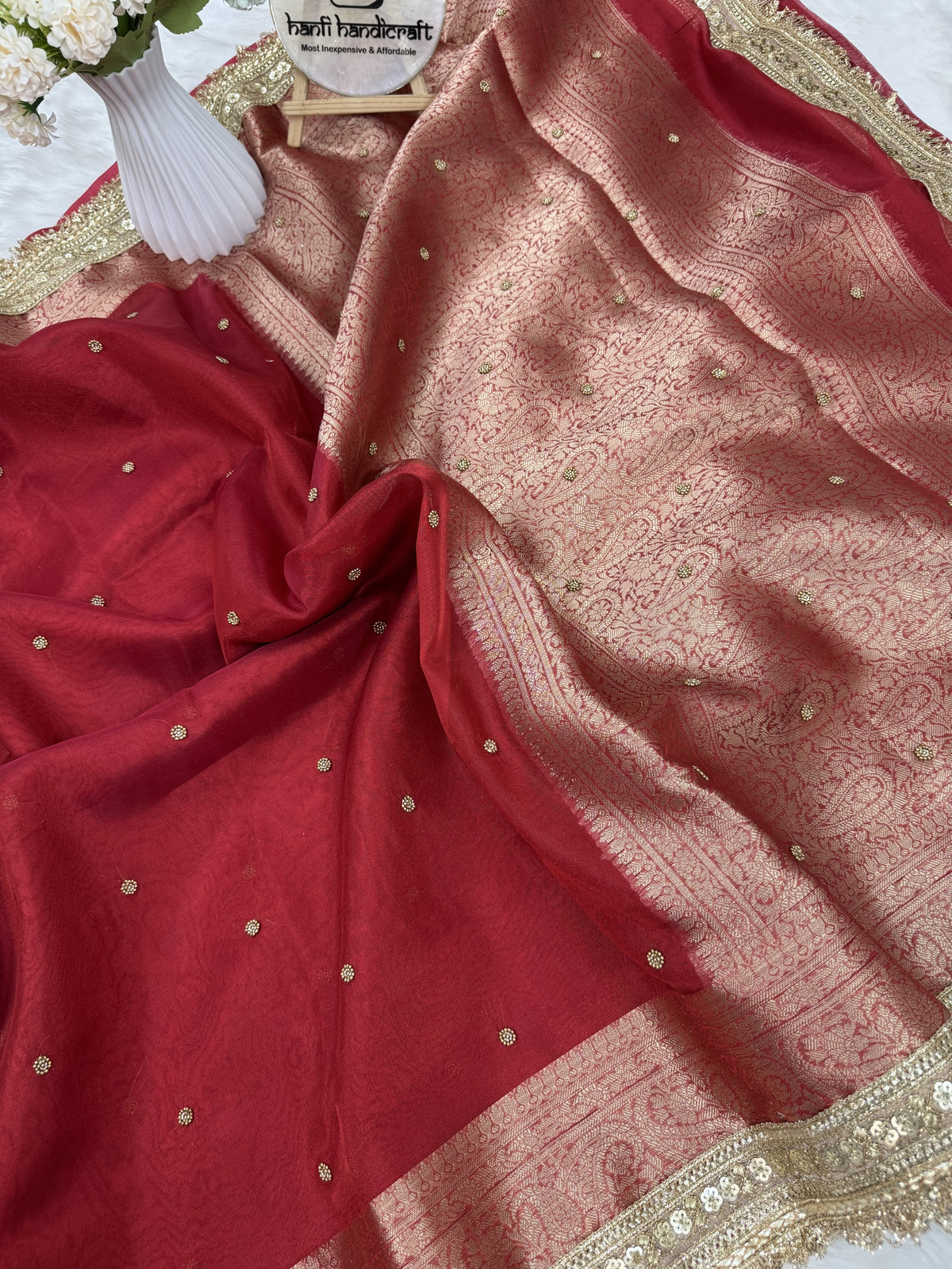 Bold Red Metallic Dana Moti Hand-work Saree