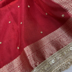 Bold Red Metallic Dana Moti Hand-work Saree