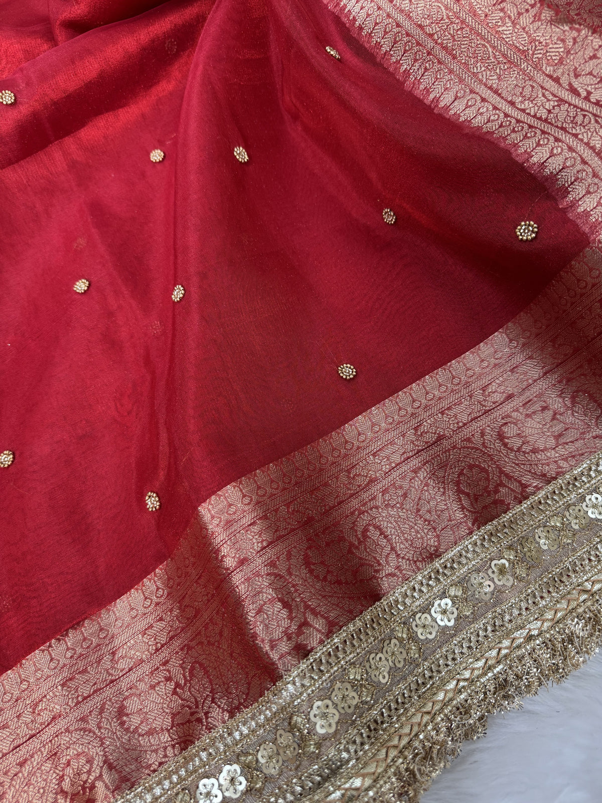 Bold Red Metallic Dana Moti Hand-work Saree