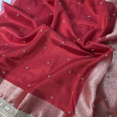 Bold Red Metallic Dana Moti Hand-work Saree