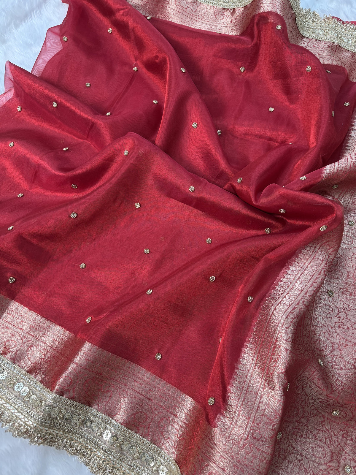 Bold Red Metallic Dana Moti Hand-work Saree