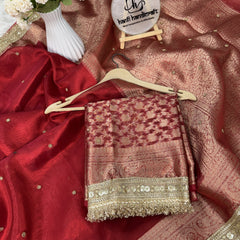 Bold Red Metallic Dana Moti Hand-work Saree