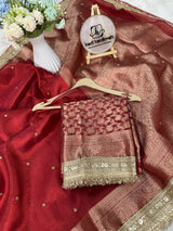 Bold Red Metallic Dana Moti Hand-work Saree
