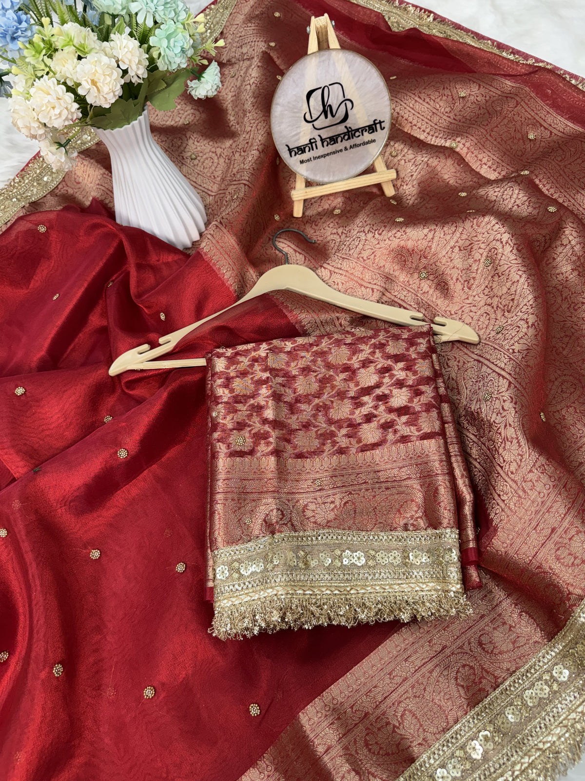 Bold Red Metallic Dana Moti Hand-work Saree
