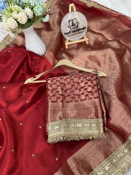Bold Red Metallic Dana Moti Hand-work Saree