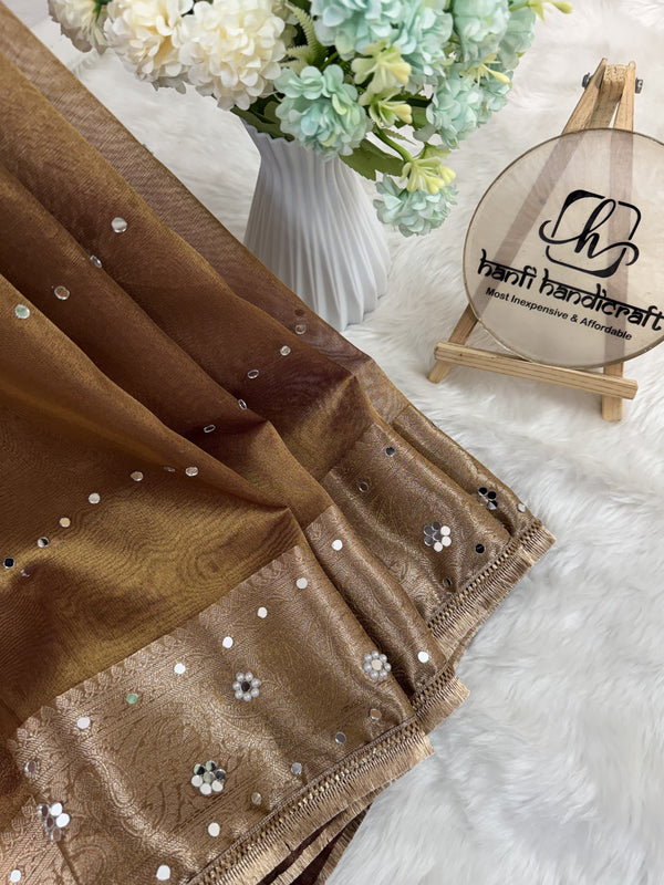 Copper Gold Aaina Handcrafted Mirror-work Banarasi Saree