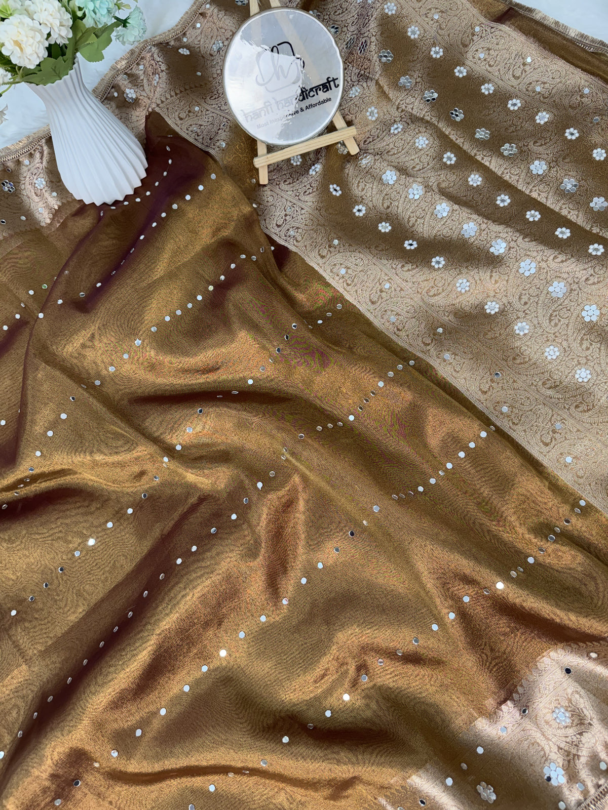 Copper Gold Aaina Handcrafted Mirror-work Banarasi Saree