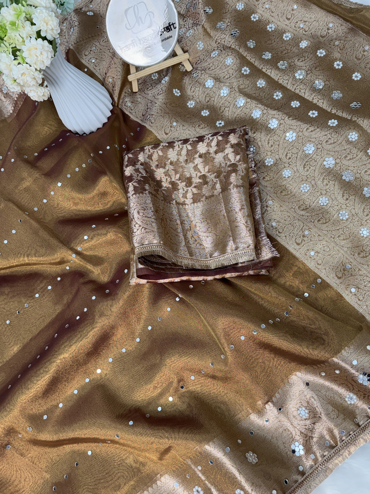Copper Gold Aaina Handcrafted Mirror-work Banarasi Saree