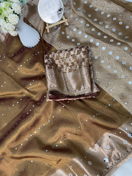 Copper Gold Aaina Handcrafted Mirror-work Banarasi Saree