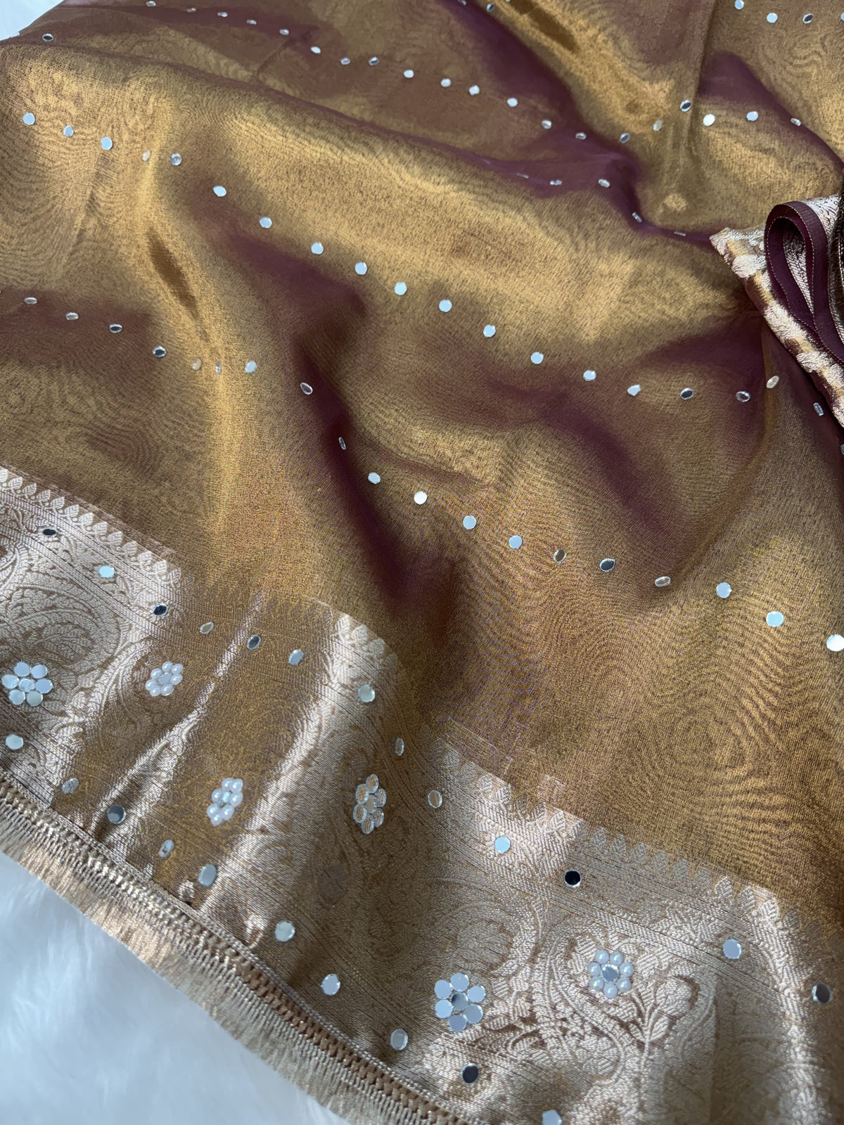 Copper Gold Aaina Handcrafted Mirror-work Banarasi Saree