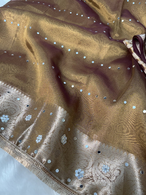 Copper Gold Aaina Handcrafted Mirror-work Banarasi Saree