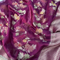 Rani Wine Alfi Tilfi Floral Weave Tissue Silk Saree with Hand-Embellished Border