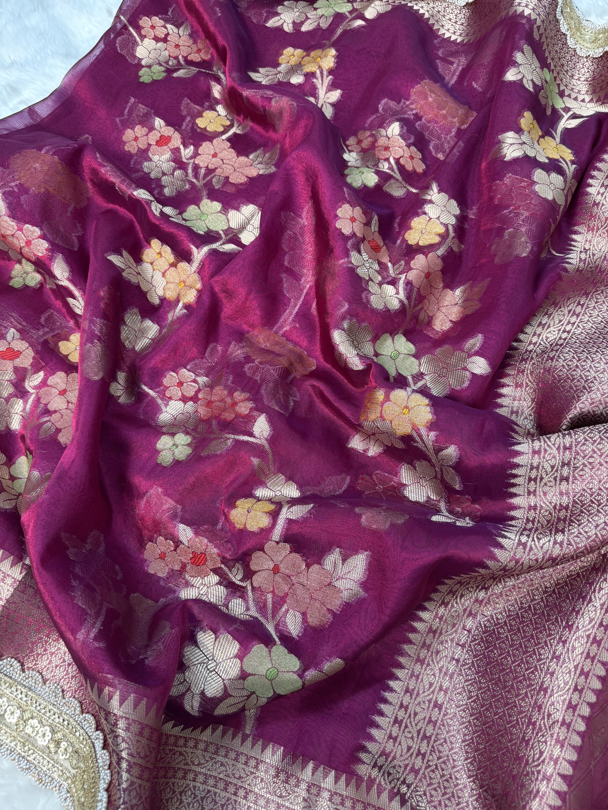 Rani Wine Alfi Tilfi Floral Weave Tissue Silk Saree with Hand-Embellished Border