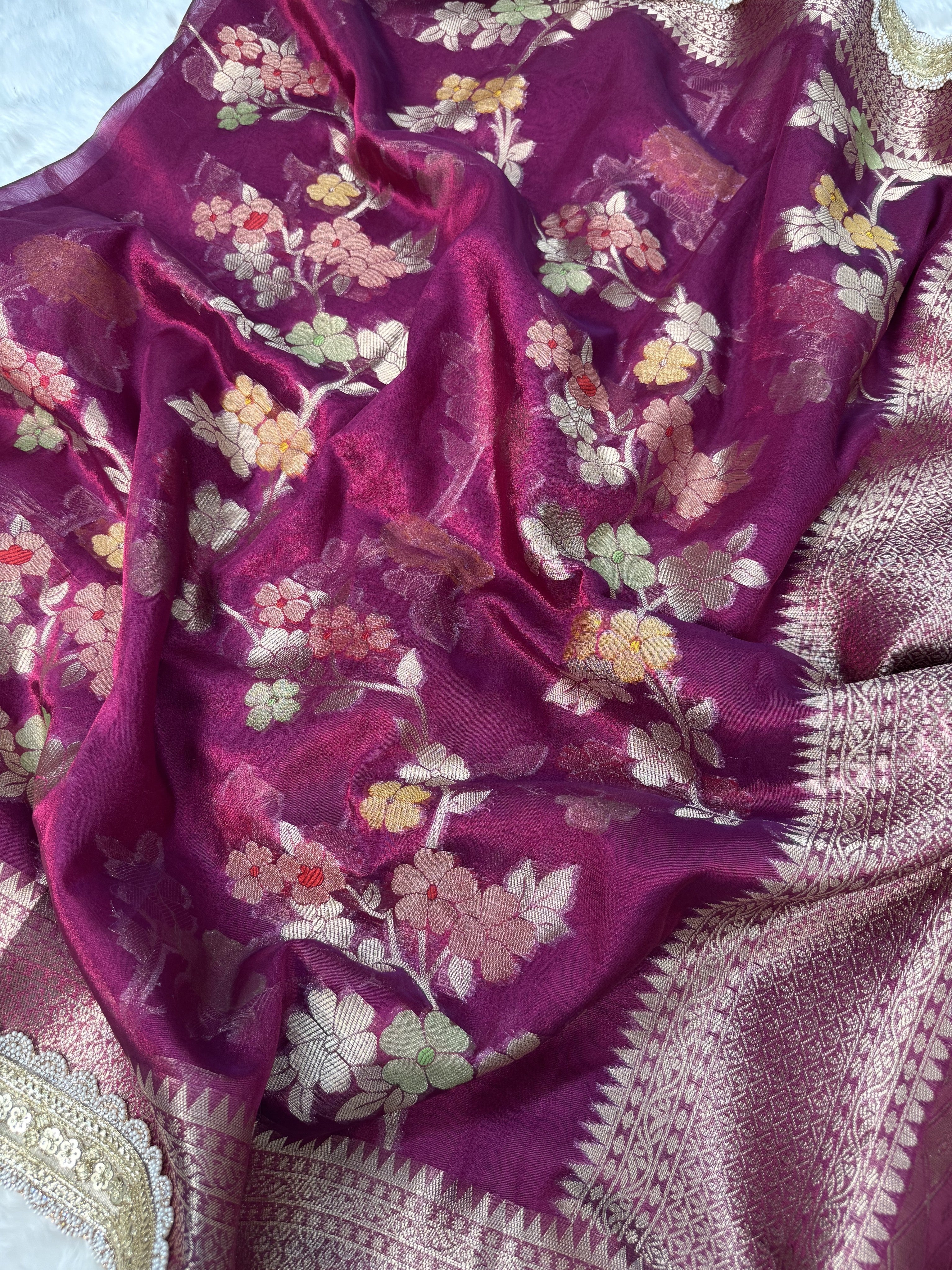 Rani Wine Alfi Tilfi Floral Weave Tissue Silk Saree with Hand-Embellished Border