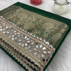 Bottle Green Banarasi Rajkumari Mirror Tissue Silk Saree
