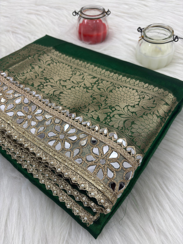 Bottle Green Banarasi Rajkumari Mirror Tissue Silk Saree
