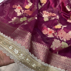 Rani Wine Alfi Tilfi Floral Weave Tissue Silk Saree with Hand-Embellished Border