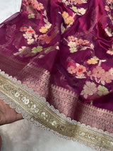Rani Wine Alfi Tilfi Floral Weave Tissue Silk Saree with Hand-Embellished Border
