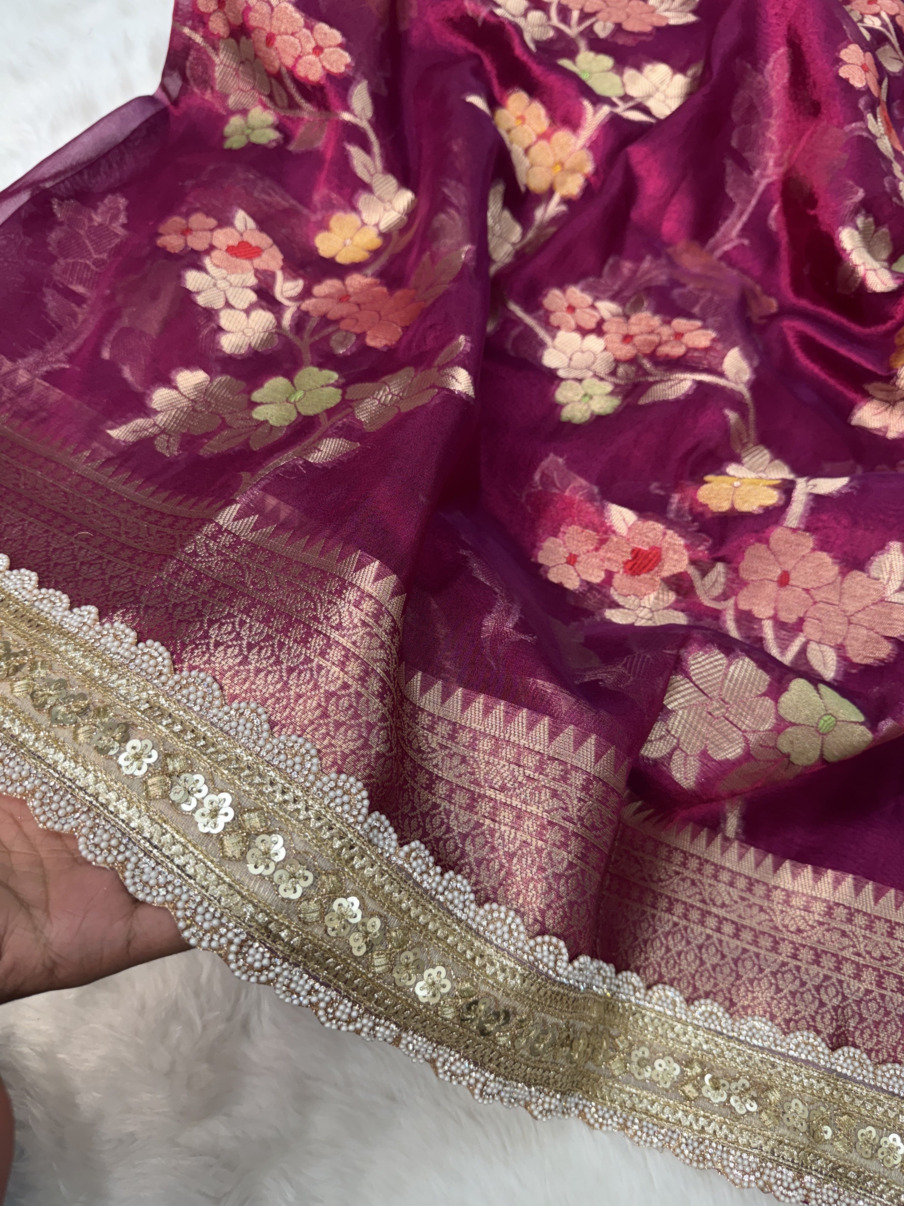 Rani Wine Alfi Tilfi Floral Weave Tissue Silk Saree with Hand-Embellished Border