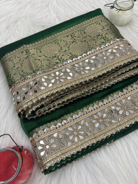 Bottle Green Banarasi Rajkumari Mirror Work Tissue Silk Saree