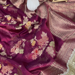 Rani Wine Alfi Tilfi Floral Weave Tissue Silk Saree with Hand-Embellished Border