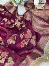 Rani Wine Alfi Tilfi Floral Weave Tissue Silk Saree with Hand-Embellished Border