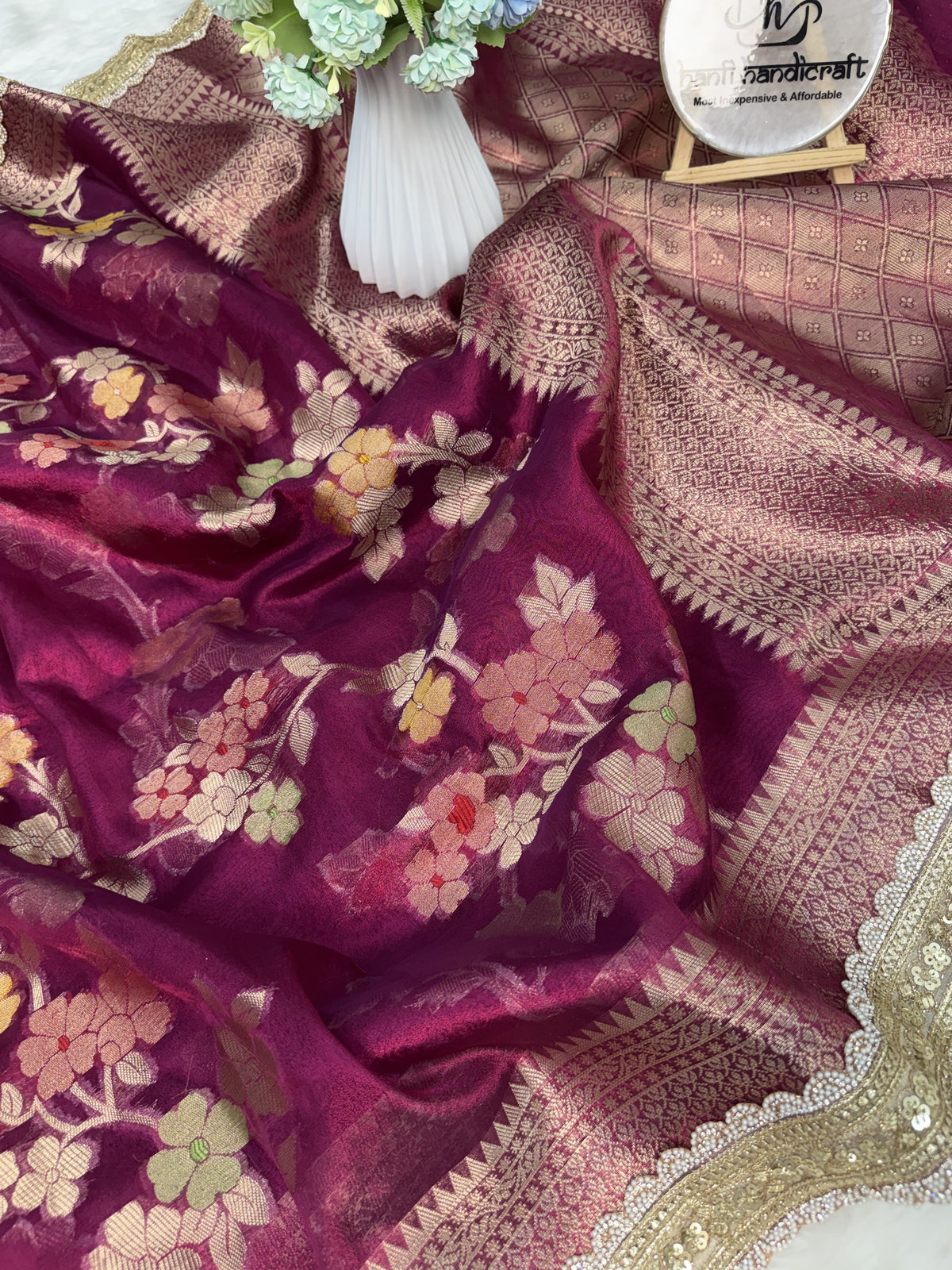 Rani Wine Alfi Tilfi Floral Weave Tissue Silk Saree with Hand-Embellished Border