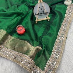 Bottle Green Banarasi Rajkumari Mirror Tissue Silk Saree