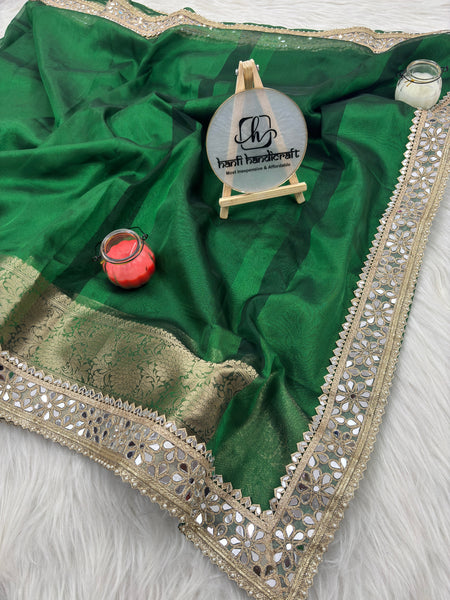 Bottle Green Banarasi Rajkumari Mirror Work Tissue Silk Saree
