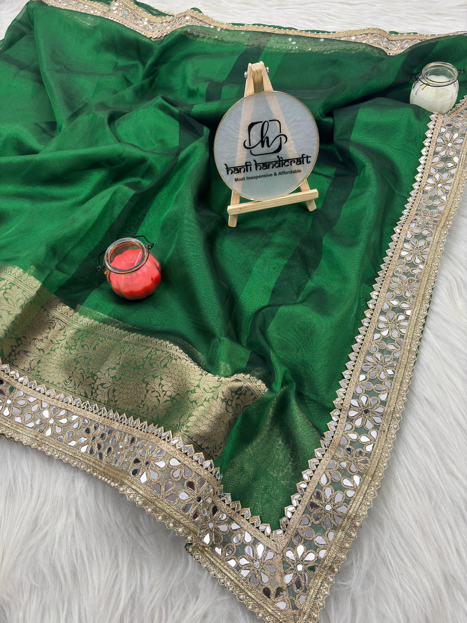 Bottle Green Banarasi Rajkumari Mirror Work Tissue Silk Saree